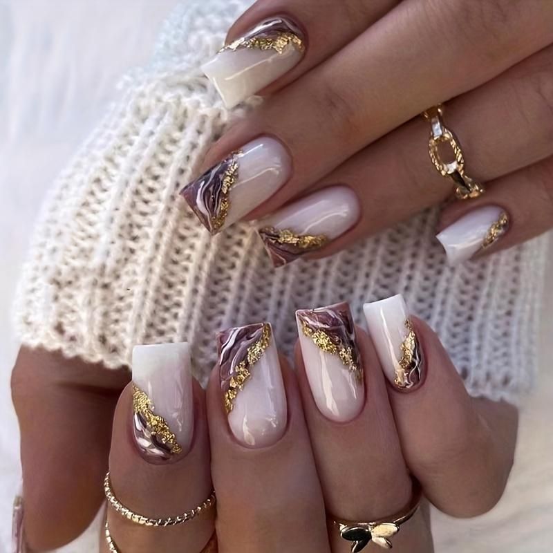 Purple Beige Marble with Gold Foil — Winter Marble Nails