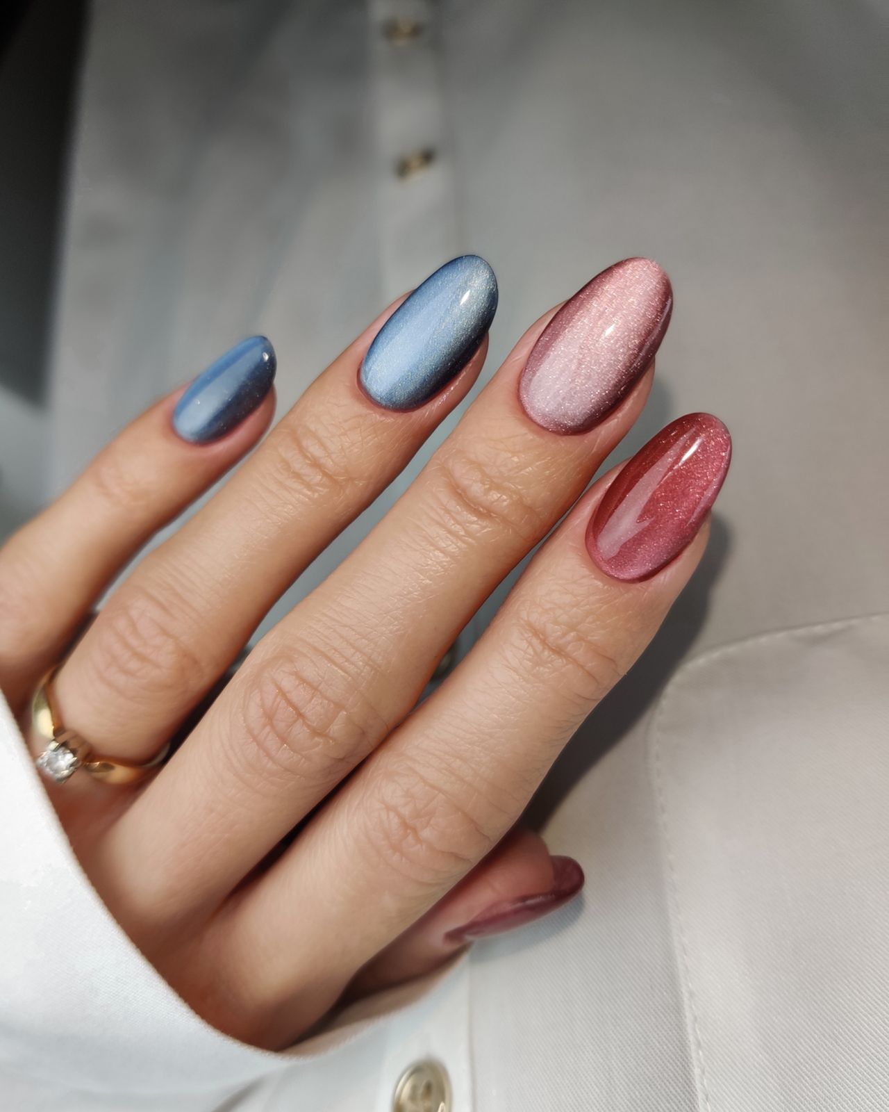 Shifting Cat-Eye Nails in Blue, Pink, and Red Shifting Cat-Eye Nails in Blue, Pink, and Red β Classy New Years Nails 2027