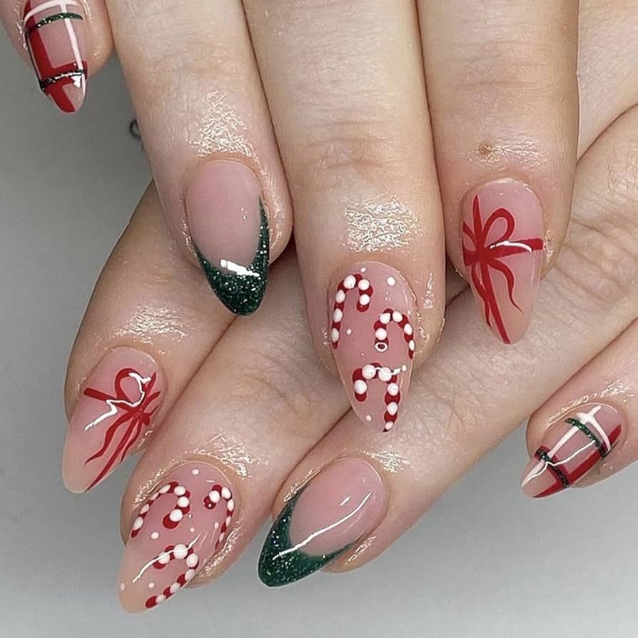 Candy Cane Bow and Green Glitter Nails Candy Cane Bow and Green Glitter Nails β Medium Winter Almond Nails