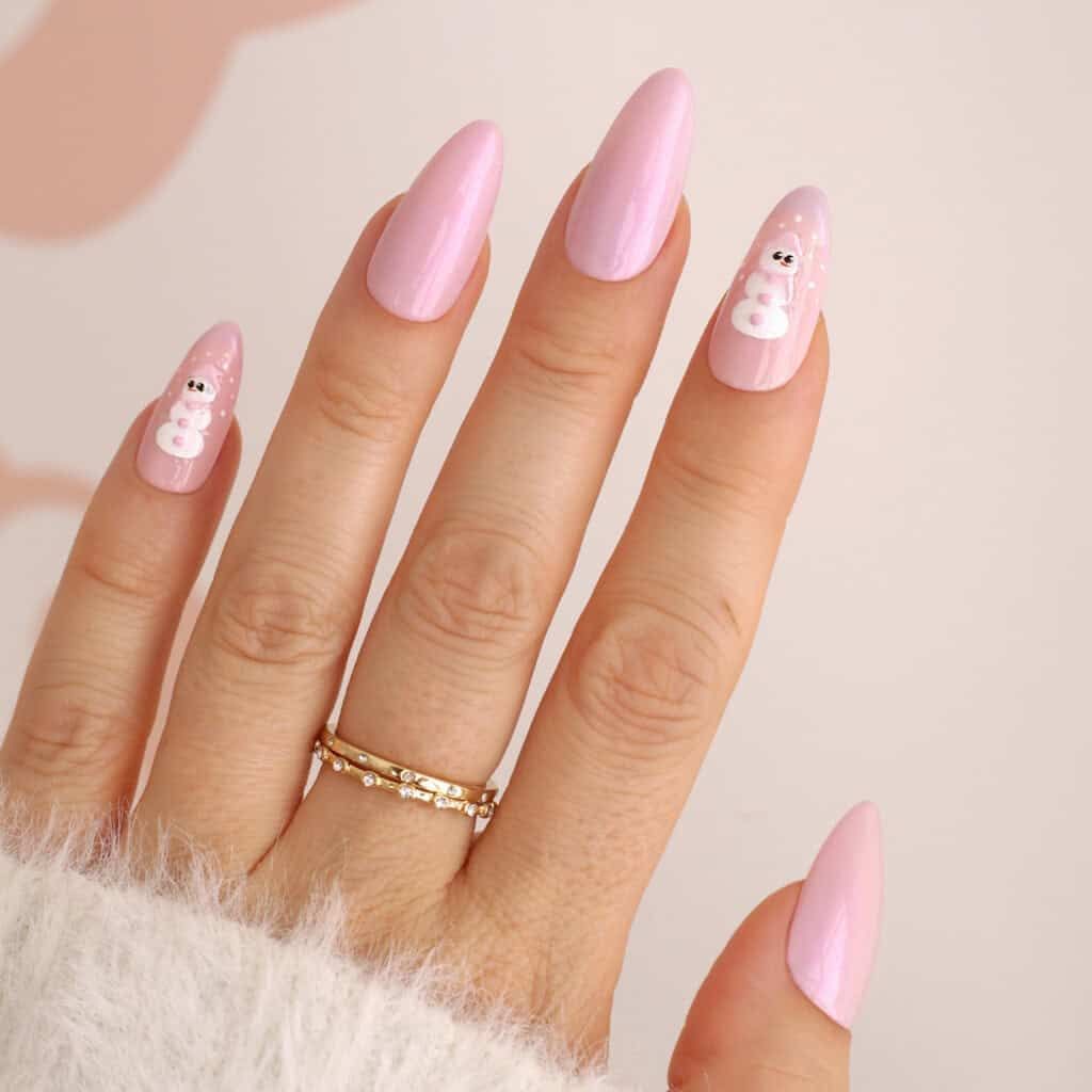 Pale Pink Snowman Art Medium Stiletto Nails — Pastel Winter Nails