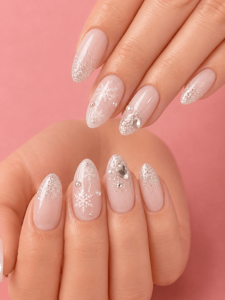 Pale Pink Snowflake Glitter Oval Nails Pale Pink Snowflake Glitter Oval Nails β Medium Length Winter Nails