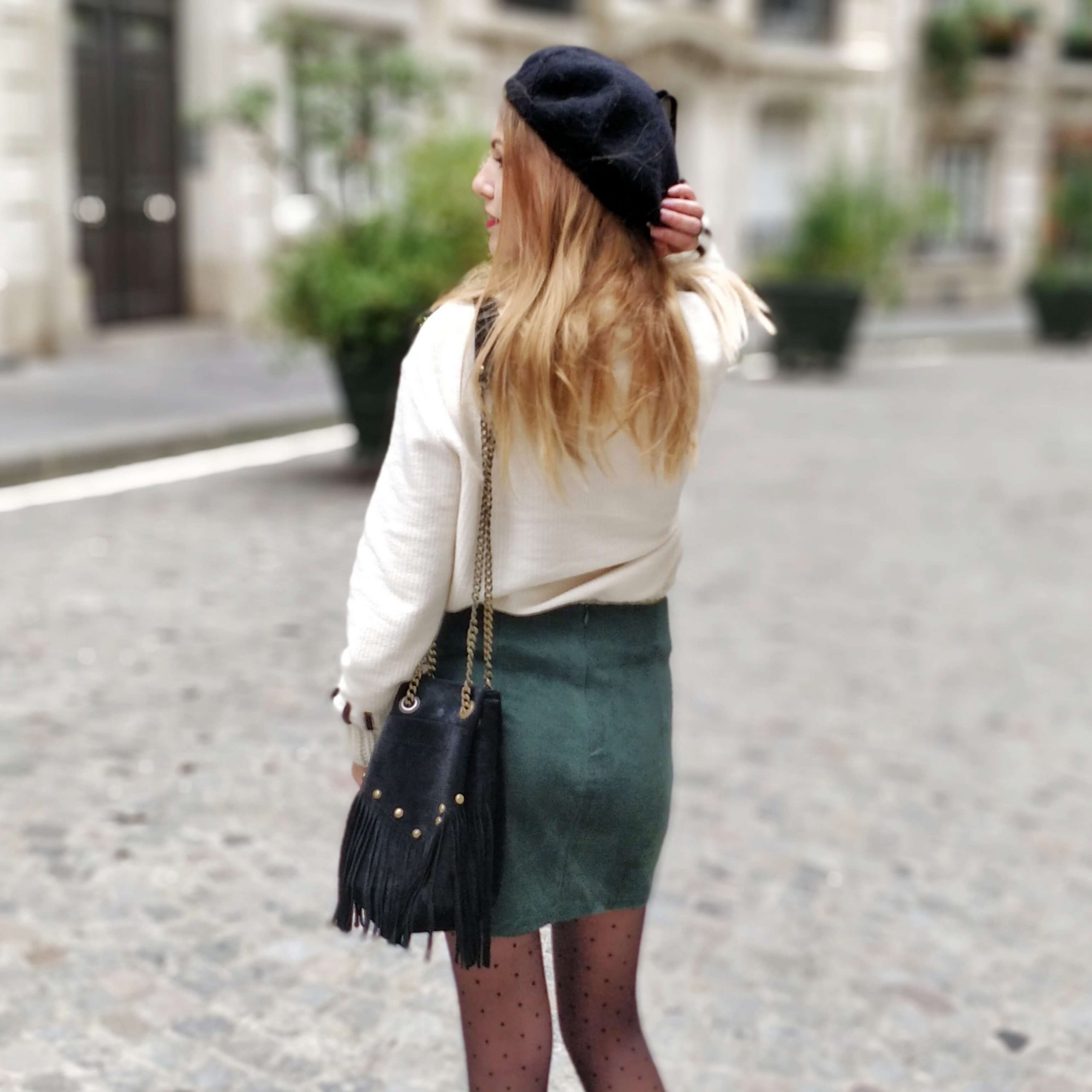 Cream Knit Sweater with Suede Mini Skirt and Tights — January Outfits