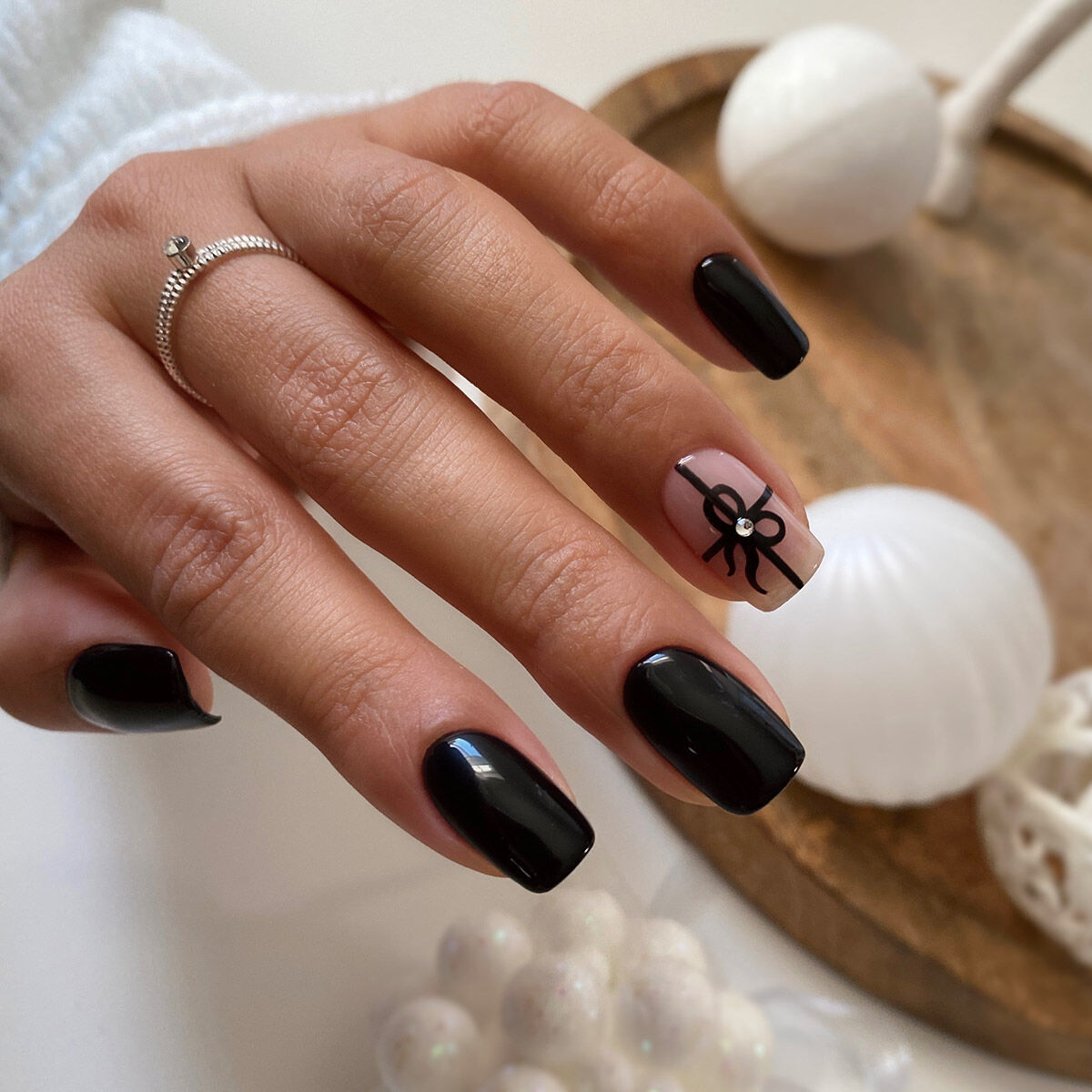Glossy Black With Black Bow Accent Nail — Winter Black Nails