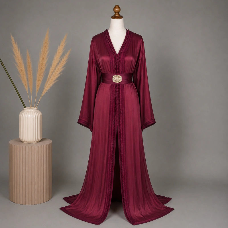 Burgundy Satin Robe with Embellished Trim for Formal Evenings Burgundy Satin Robe with Embellished Trim for Formal Evenings β Burgundy Outfits