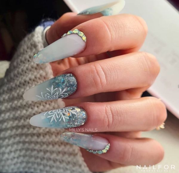 Snowflake Rhinestone Glitter Stiletto — Long Christmas Nails 2026