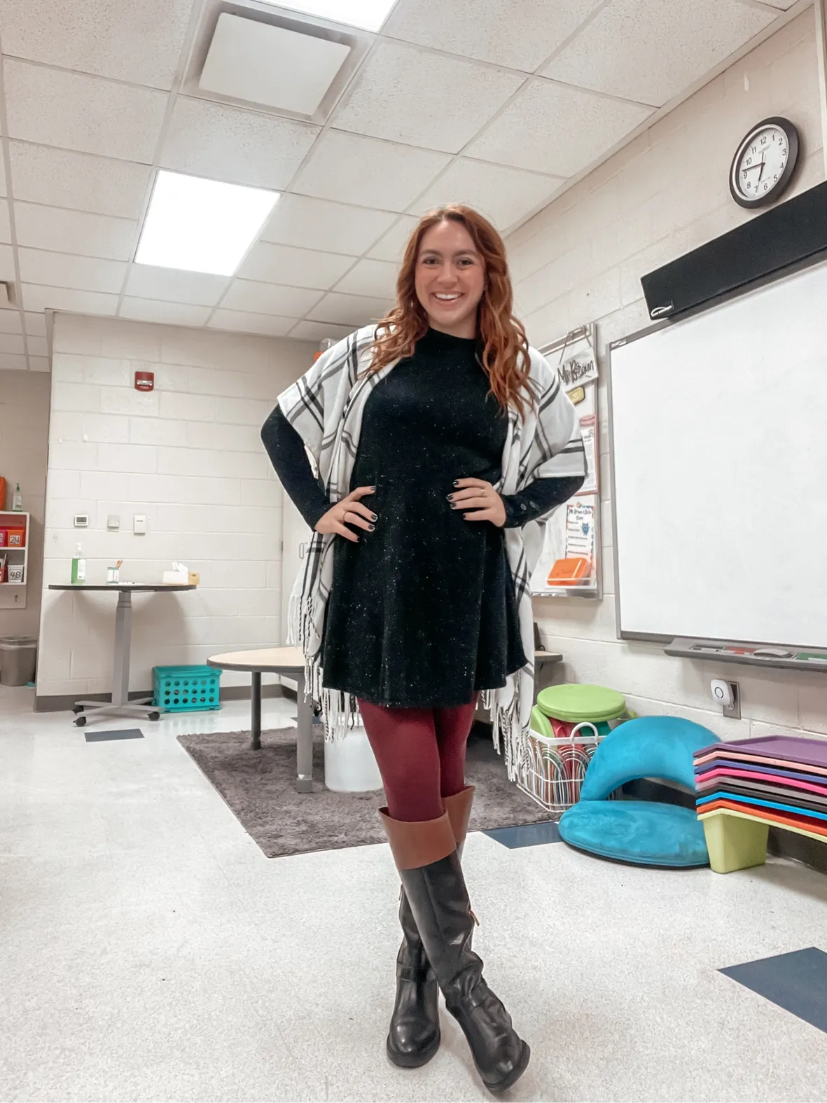 Sparkly Dress with Tights and Knee-High Boots Sparkly Dress with Tights and Knee-High Boots β Winter Teacher Outfits