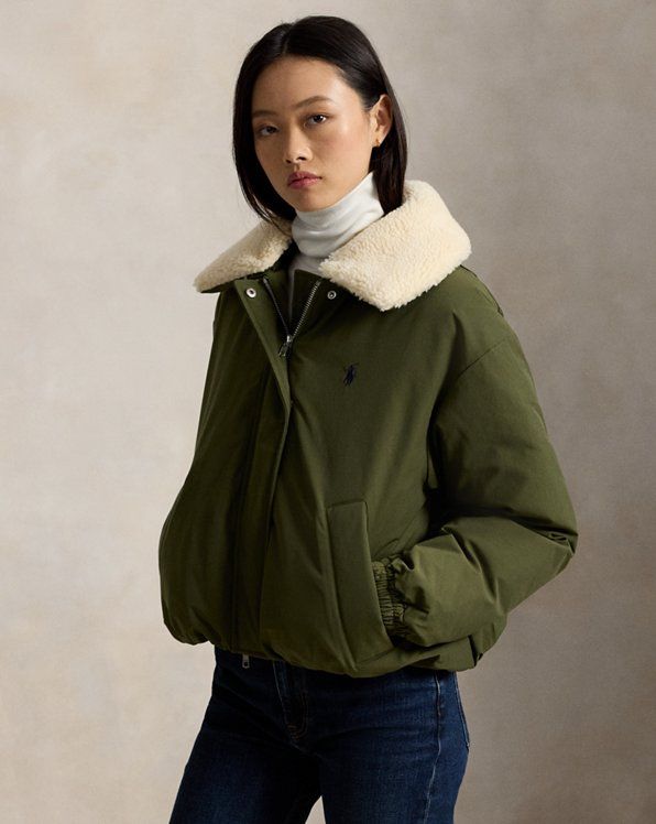 Olive Green Bomber Jacket with Sherpa Collar for Transitional Chill — Winter Jackets for Women