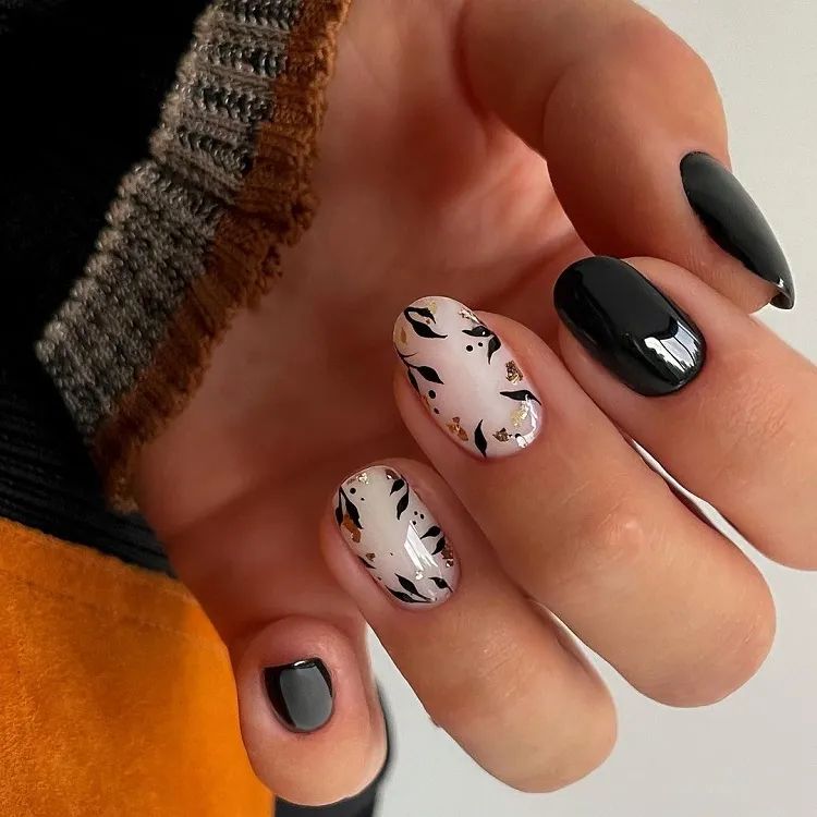 Black Leaf Art With Gold Accents — Winter Black Nails
