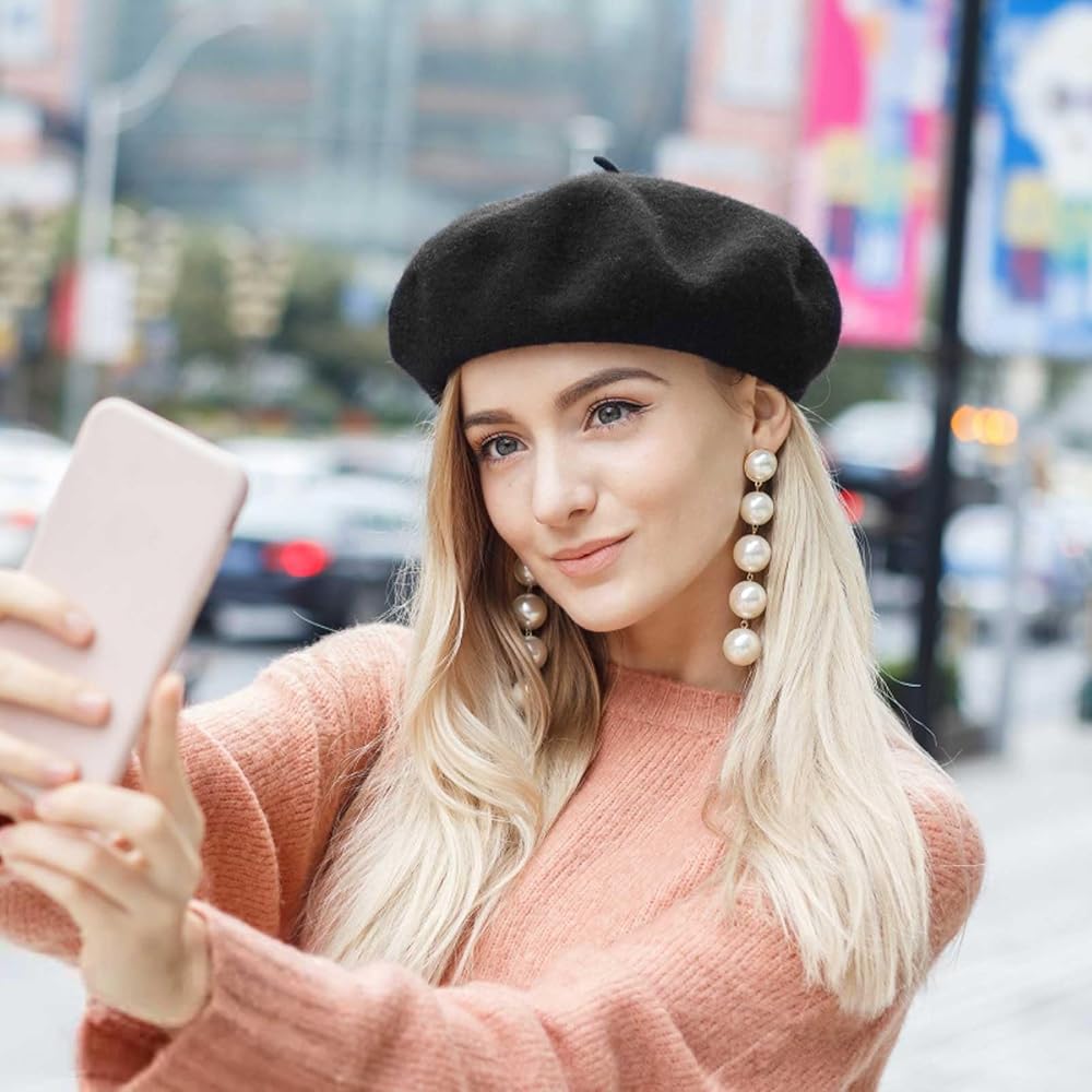 Black Felt Beret and Soft Pink Knit with Elegant Pearl Earrings Black Felt Beret and Soft Pink Knit with Elegant Pearl Earrings β Beret Outfits
