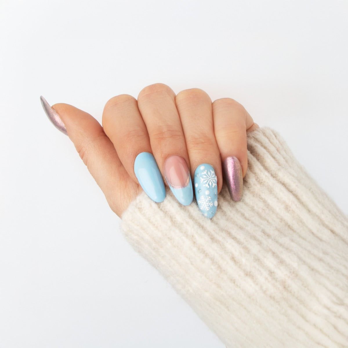 Light Blue French with Metallic Pink Snowflake Light Blue French with Metallic Pink Snowflake β Winter Nail Art