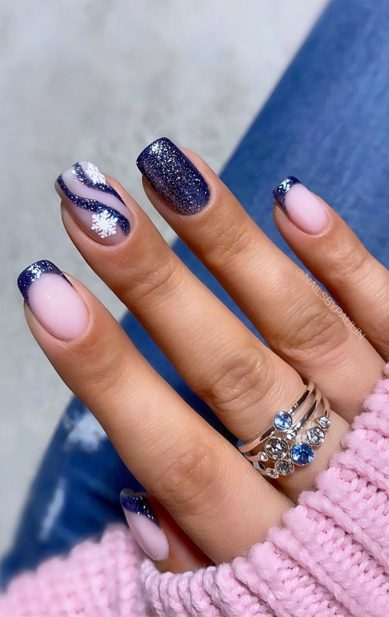 Navy Glitter French Tips Snowflake Nails Navy Glitter French Tips Snowflake Nails β Winter Acrylic Nails