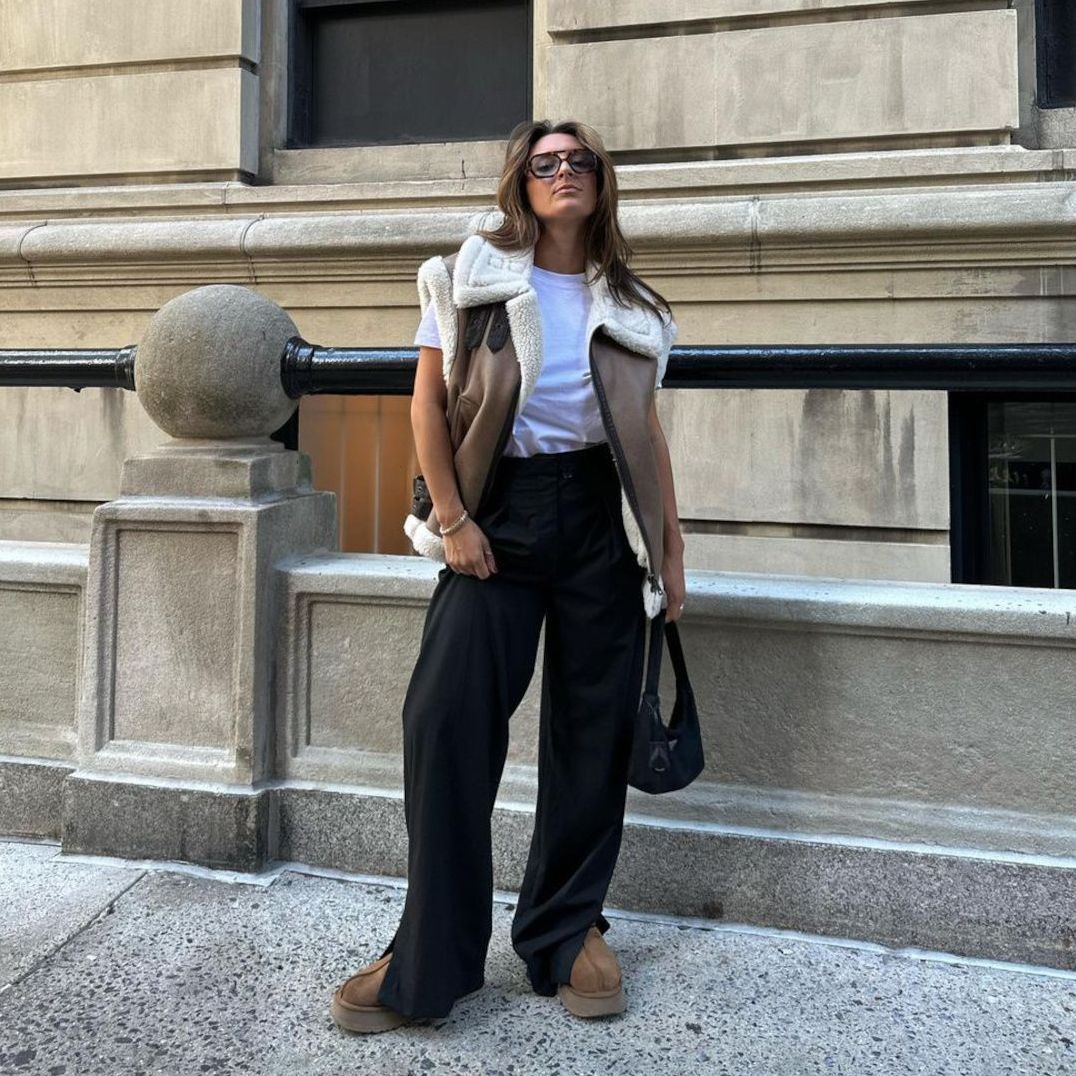 Platform Clogs with Shearling Vest and Wide-Leg Pants — Ugg Boots Outfits