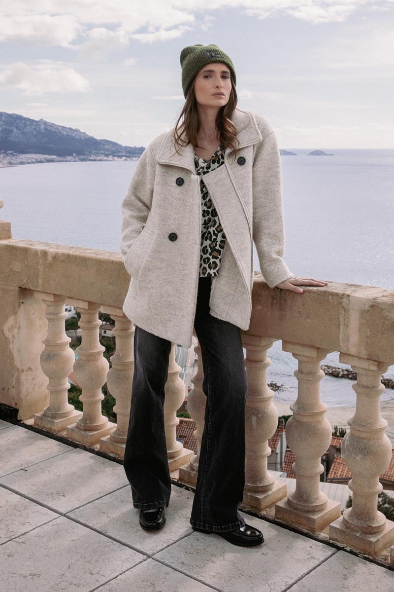 Cream Textured Coat with Leopard Top for Cool Day Style — Winter Outfits for Warm Weather