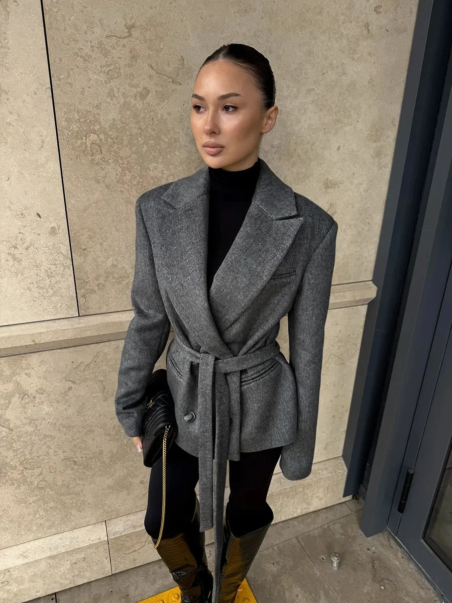 Belted Grey Wrap Blazer with Black Turtleneck — Europe Winter Outfits