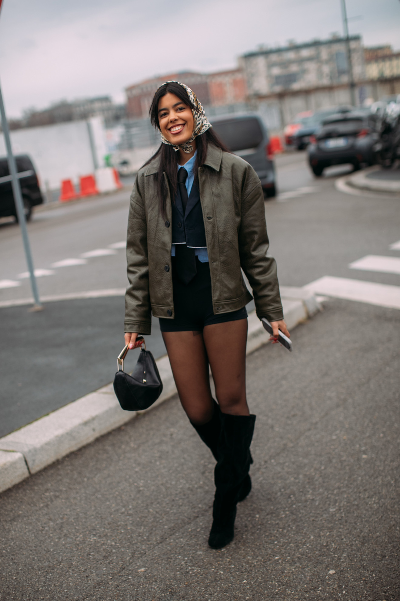 Black Tights with Olive Green Jacket, Shorts, and Knee-High Boots Black Tights with Olive Green Jacket, Shorts, and Knee-High Boots β Tights Outfits