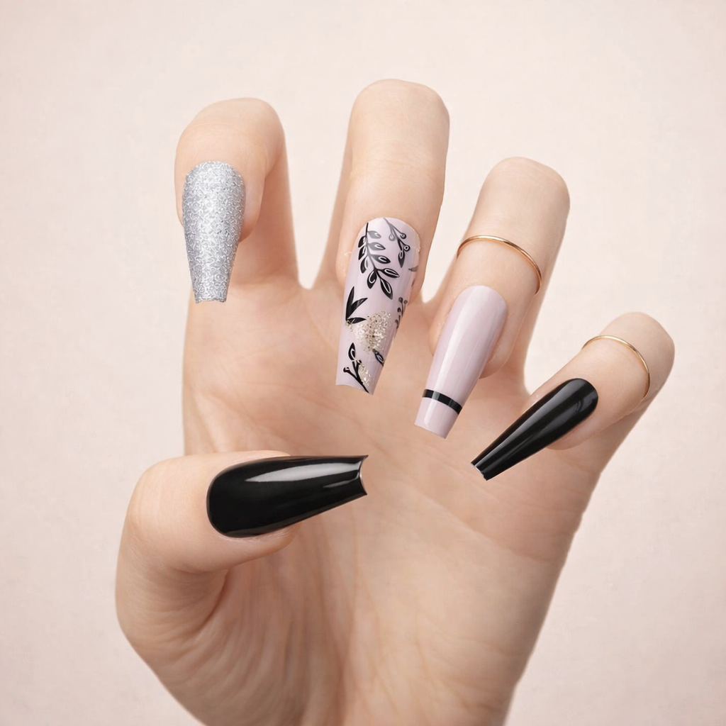 Glossy Black Silver Glitter Coffin Glossy Black Silver Glitter Coffin β Long Winter Nails