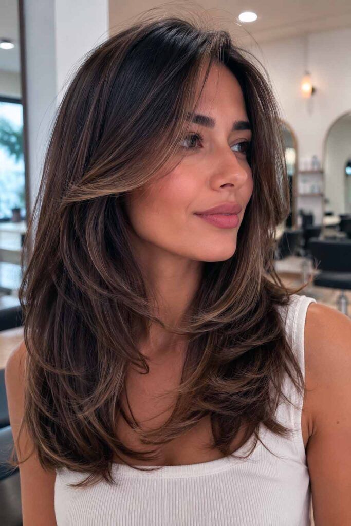 Dark Brown Mid-Back Layers With Caramel Highlights Dark Brown Mid-Back Layers With Caramel Highlights β Medium Length Winter Haircuts