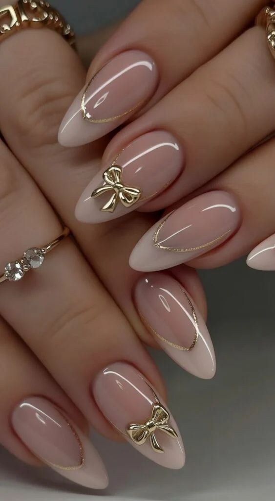 Sheer Pink with Gold Outline and Bows Sheer Pink with Gold Outline and Bows β Winter Date Night Nails