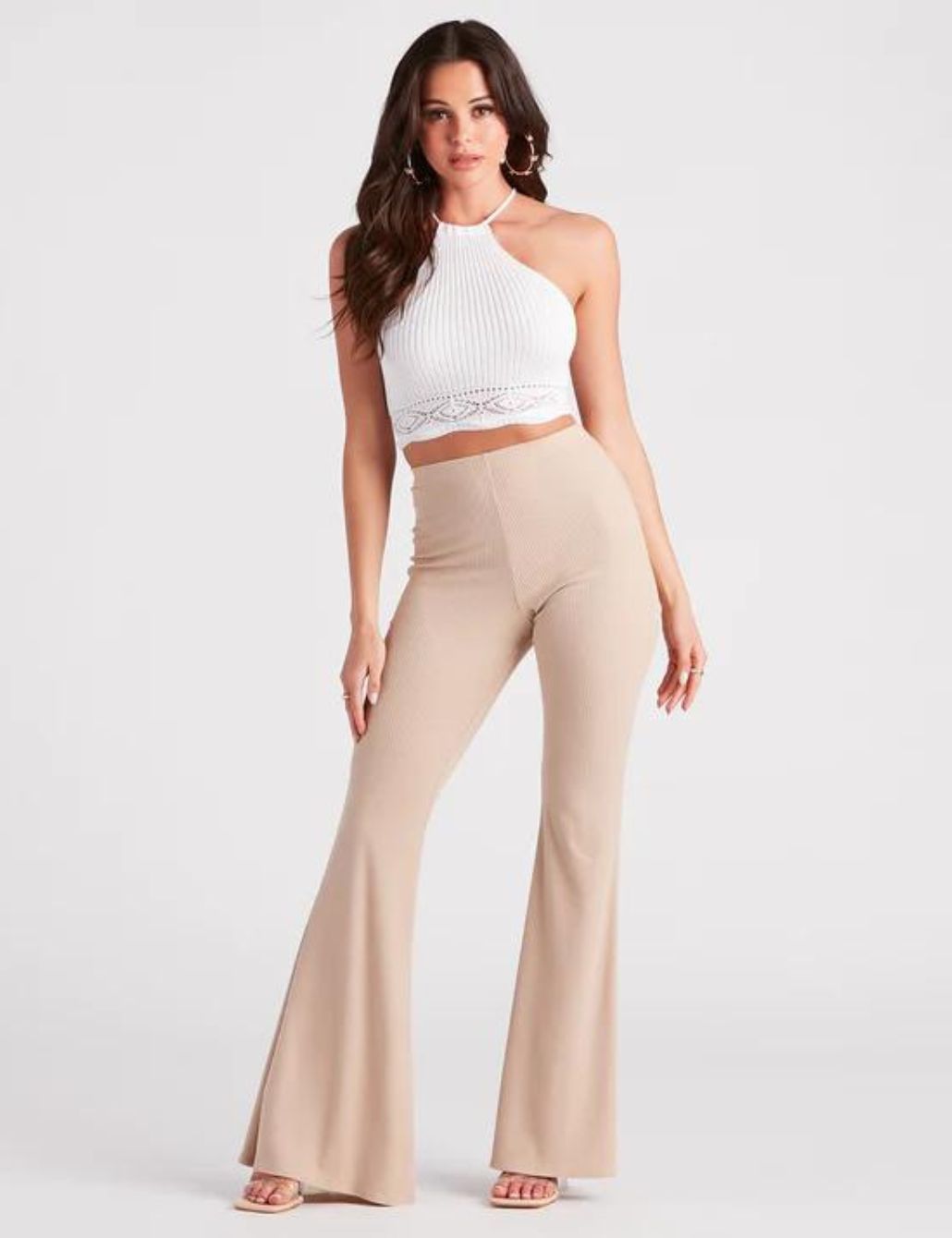 Textural Appeal: Beige Ribbed Flare Leggings with Halter Top — Flare Leggings Outfits