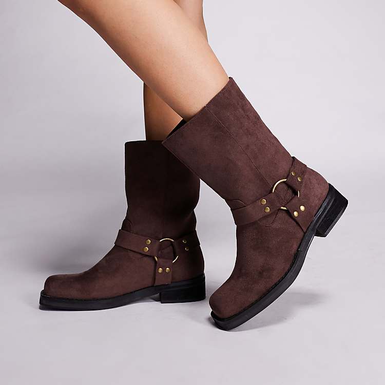 Brown Suede Biker Boots with Gold Hardware — Brown Boots Outfits