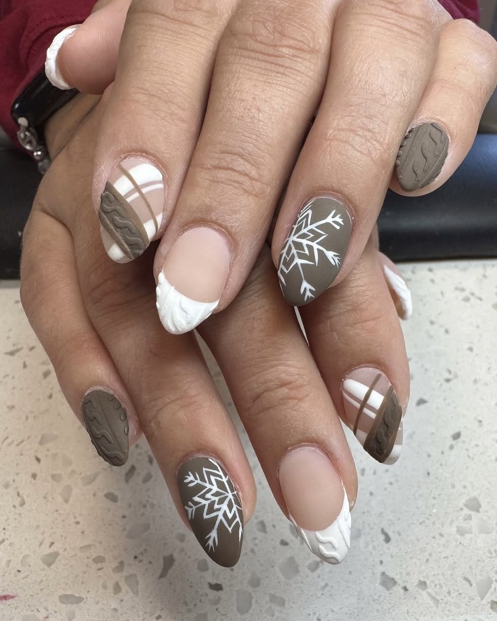 Cozy Matte Brown with Cable Knit and Snowflakes Cozy Matte Brown with Cable Knit and Snowflakes β Winter Nail Designs