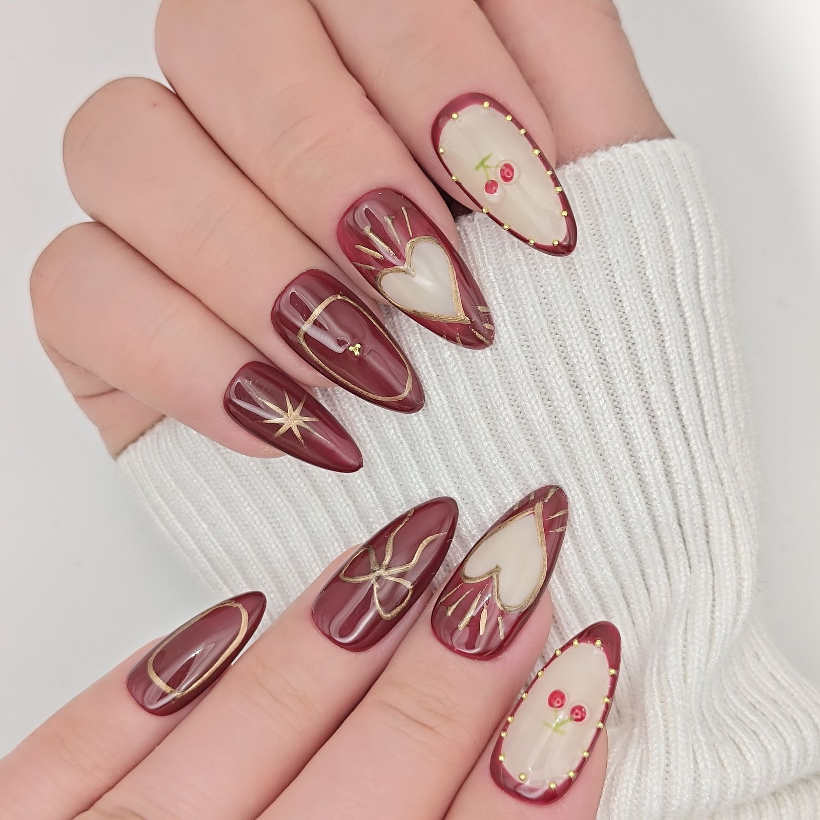 Stiletto Red with Gold Art and Cherries Stiletto Red with Gold Art and Cherries β Black Cherry Nails
