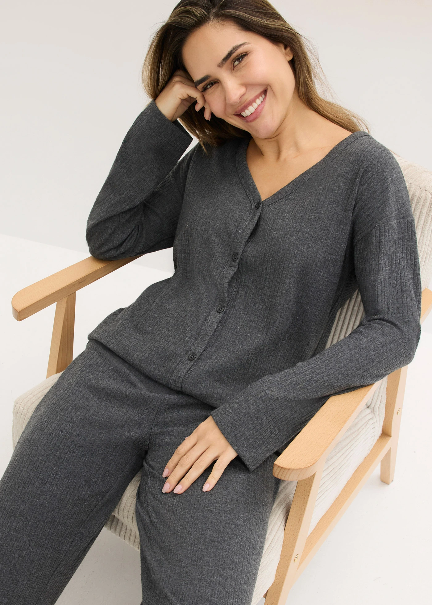 Dark Grey Ribbed Button-Up Top and Relaxed Pants Dark Grey Ribbed Button-Up Top and Relaxed Pants โ Loungewear Outfits
