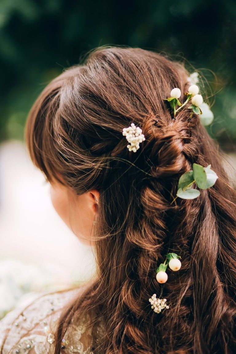 Dark Brown Half-Up Waves with Braids — Winter Wedding Hairstyles