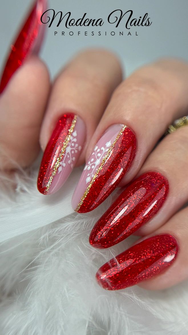 Red Glitter Oval Nails with Snowflakes Red Glitter Oval Nails with Snowflakes β Christmas Acrylic Nails 2026