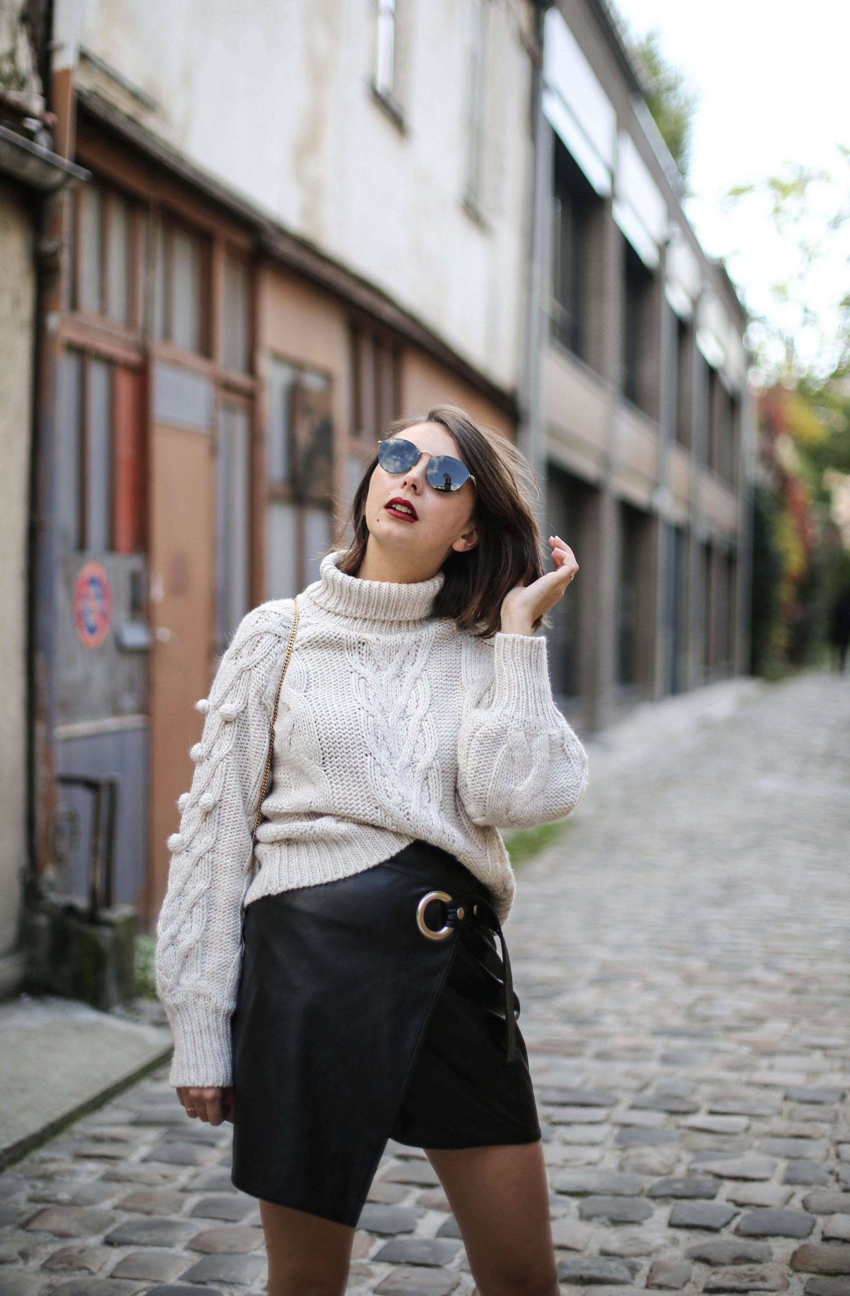 Cozy Turtleneck Meets Asymmetrical Mini — Leather Skirt Outfits