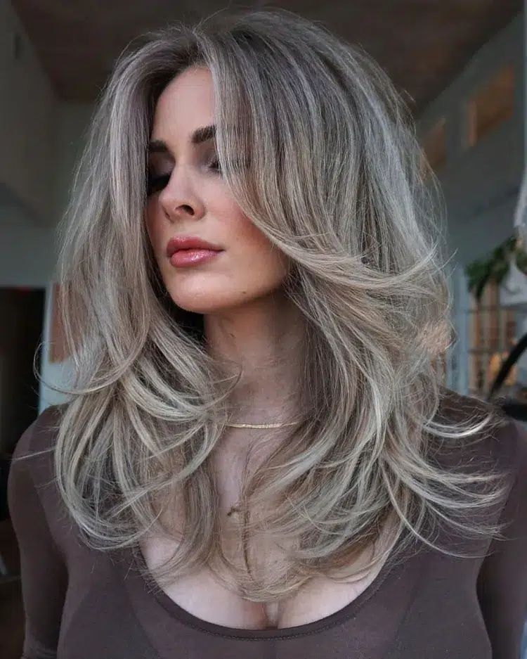 Ash Gray Lob with Silver and Blonde Highlights — Winter Hair Colors for Gray Hair