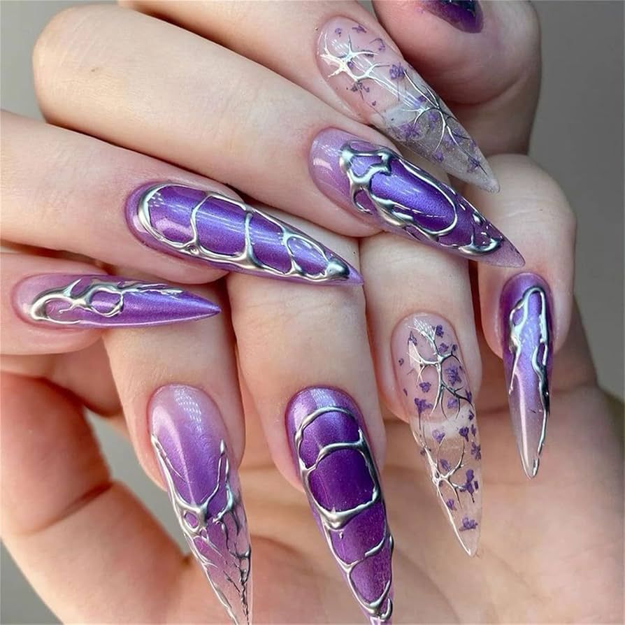Purple Stilettos With Silver 3D Web Design Purple Stilettos With Silver 3D Web Design β Winter Stiletto Nails