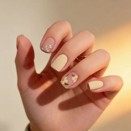 Pale Yellow & Nude with Silver Glitter Florals Pale Yellow & Nude with Silver Glitter Florals β New Years Square Nails 2027