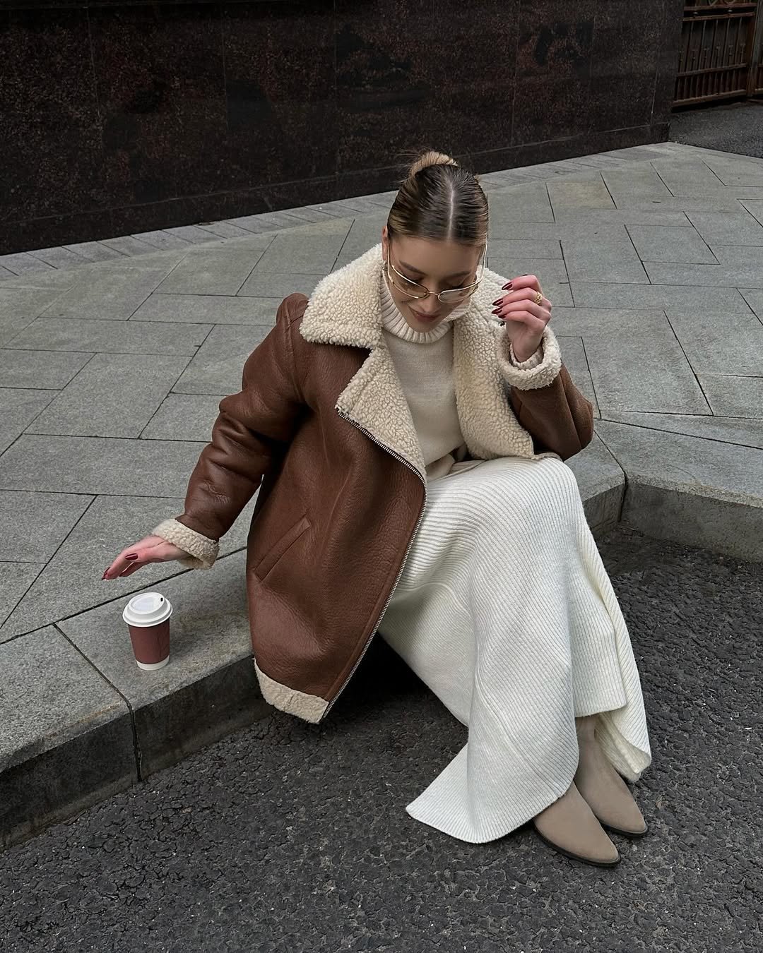 Cream A-Line Skirt with Knit Sweater and Aviator Jacket — Winter Skirt Outfits