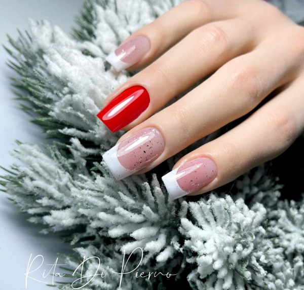 Red Accent Glitter French Square Nails Red Accent Glitter French Square Nails β New Years French Tip Nails 2027