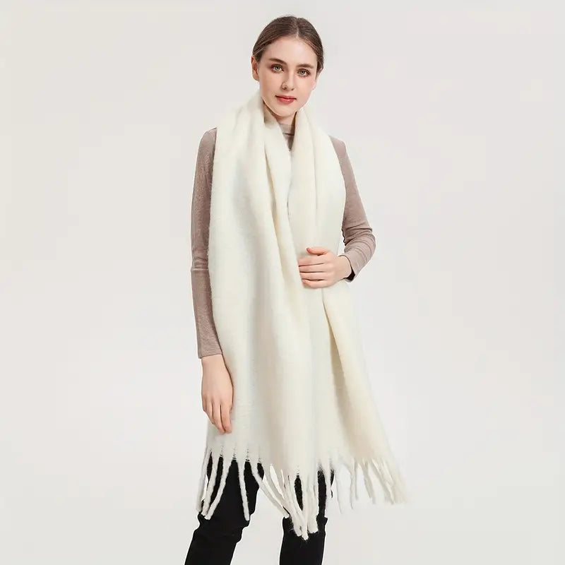 Statement White Scarf Elevates Brown Top and Black Trousers — Winter White Outfits