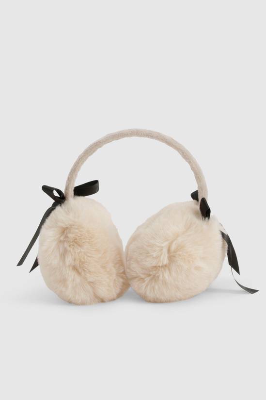 Elegant Beige Earmuffs with Black Ribbon Bows — Earmuffs Outfits