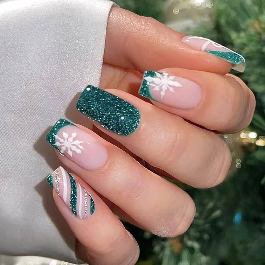 French Tips with Snowflakes and Stripes French Tips with Snowflakes and Stripes β Green Christmas Nails 2026