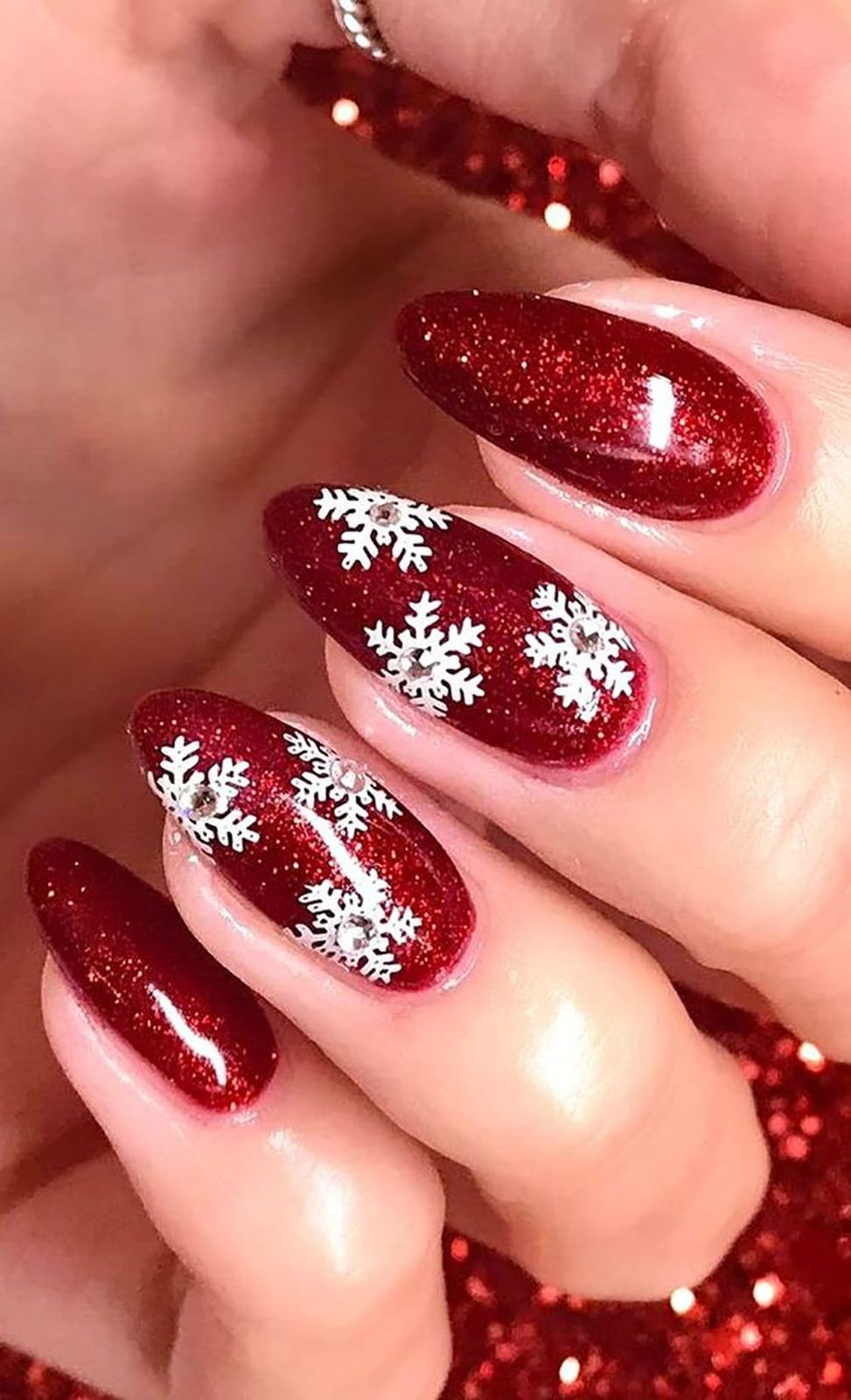 Sparkling Red Glitter with Snowflakes — Christmas Nail Designs 2026