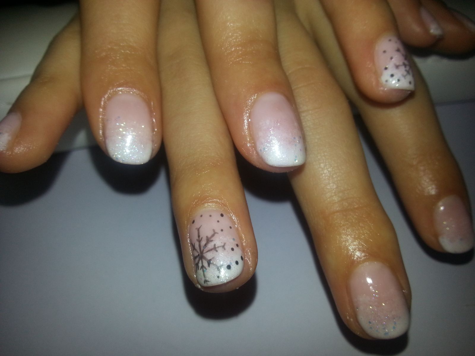 Nude Base White Glitter Tips With Grey Snowflake Nude Base White Glitter Tips With Grey Snowflake β Snowflake Nails
