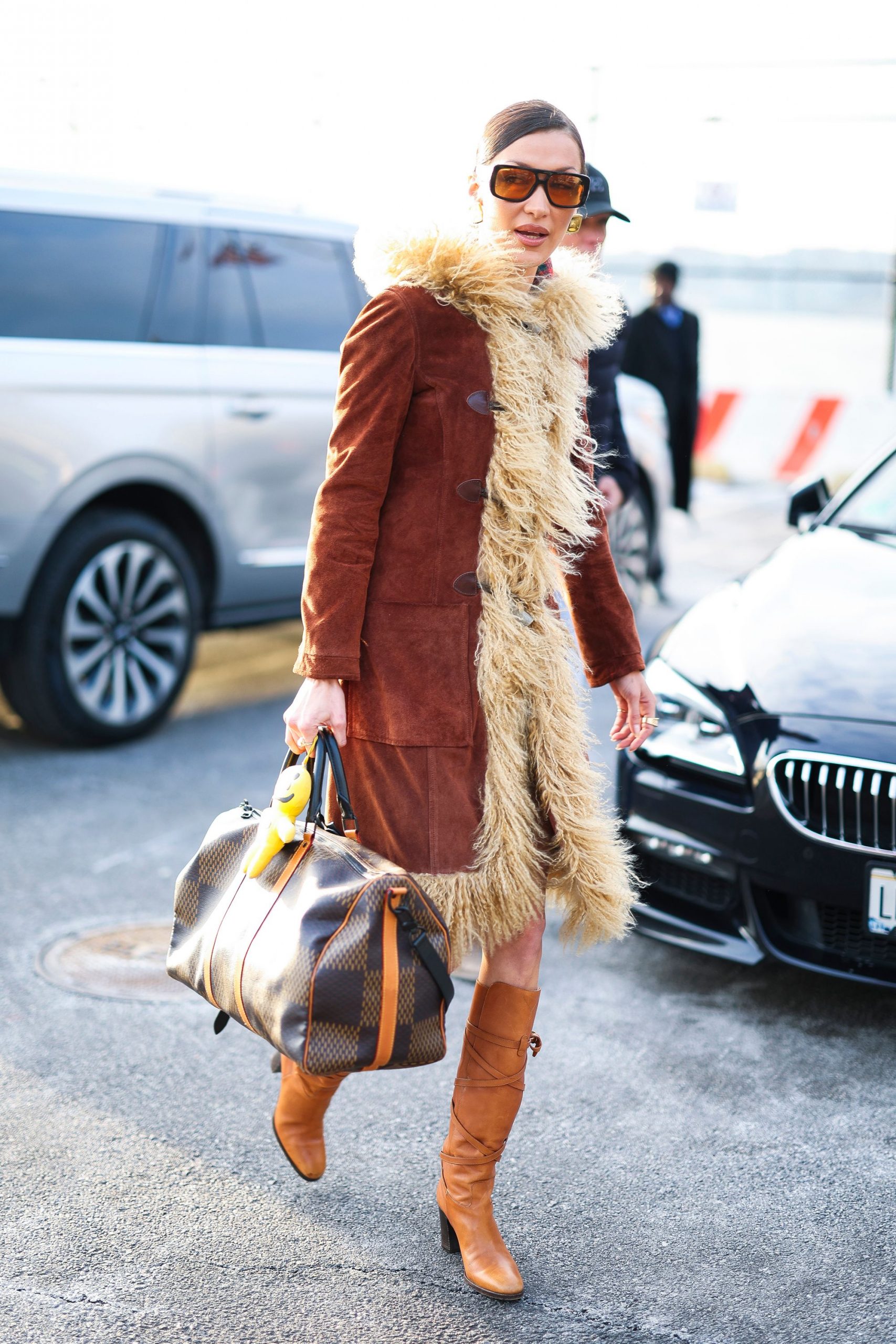 Suede Coat with Fluffy Trim and Plaid Shirt Collar — Winter Capsule Wardrobe