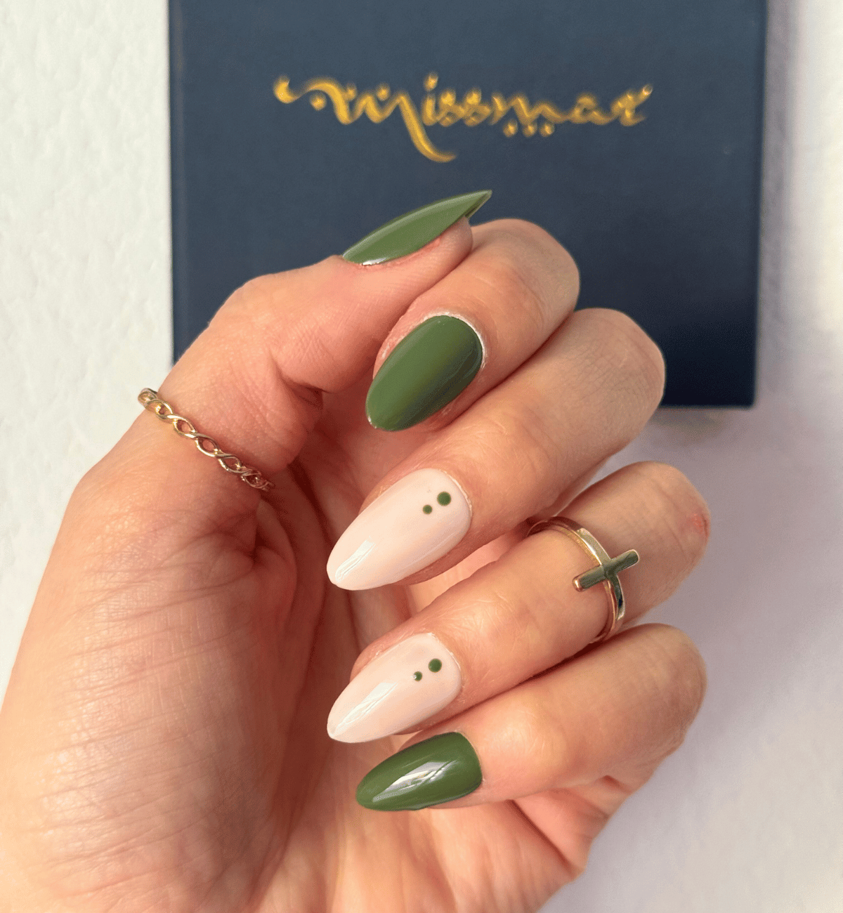 Olive Green and Nude Dot Almonds Olive Green and Nude Dot Almonds โ Winter Almond Nails