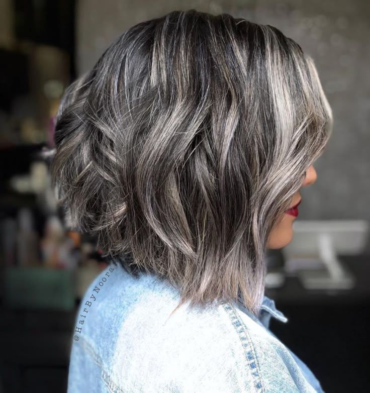 Angled Bob With Silver and Ash Blonde Angled Bob With Silver and Ash Blonde β Gray Blending Highlights