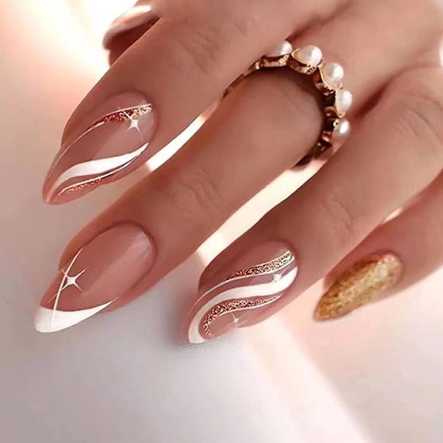 White French Nails with Gold Swirls White French Nails with Gold Swirls β Medium Winter Almond Nails