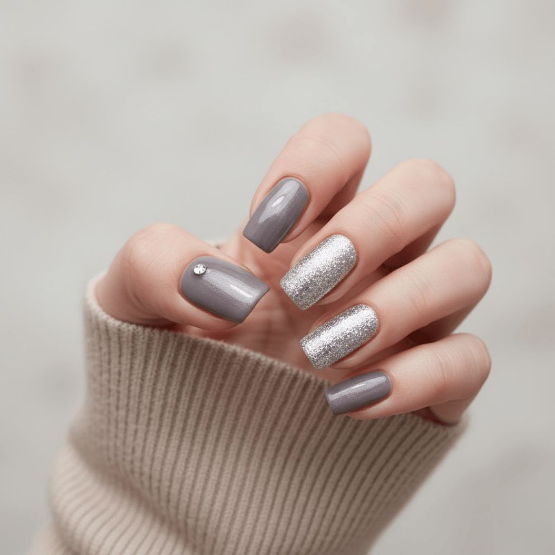 Glossy Grey Glitter On Accent Nails Visual Idea Glossy Grey Glitter On Accent Nails Visual Idea โ Winter Formal Nails
