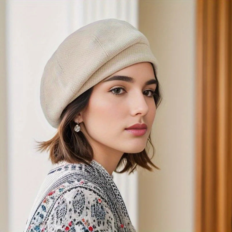 Beige Linen Blend Beret with an Embroidered Textured Jacket Beige Linen Blend Beret with an Embroidered Textured Jacket β Beret Outfits