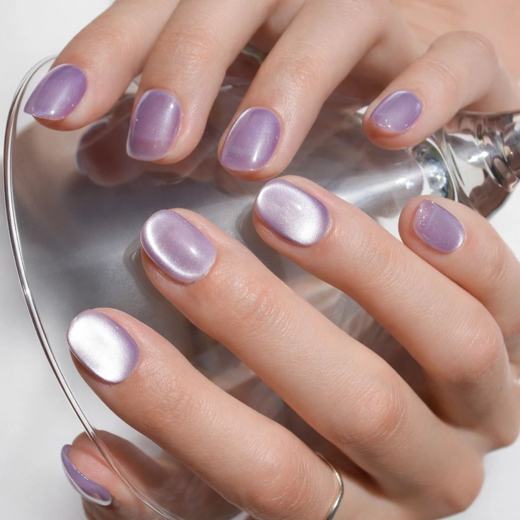 Mixed Finishes: Lilac Cat-Eye, Silver Glitter, Muted Purple Chrome — Winter Purple Nails