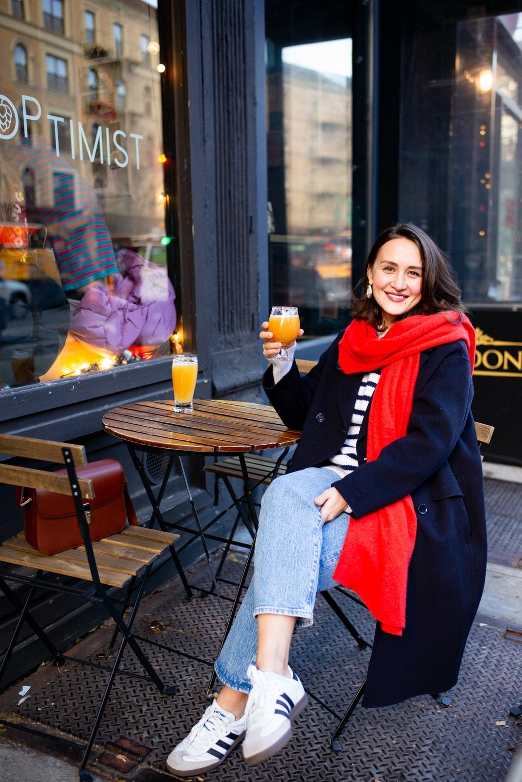 Navy Coat with Stripes and Red Scarf for Casual Style — January Outfits