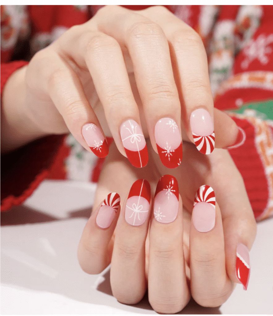 Festive French Tip Bows Snowflakes Medium Oval Nails Festive French Tip Bows Snowflakes Medium Oval Nails β Winter Work Nails