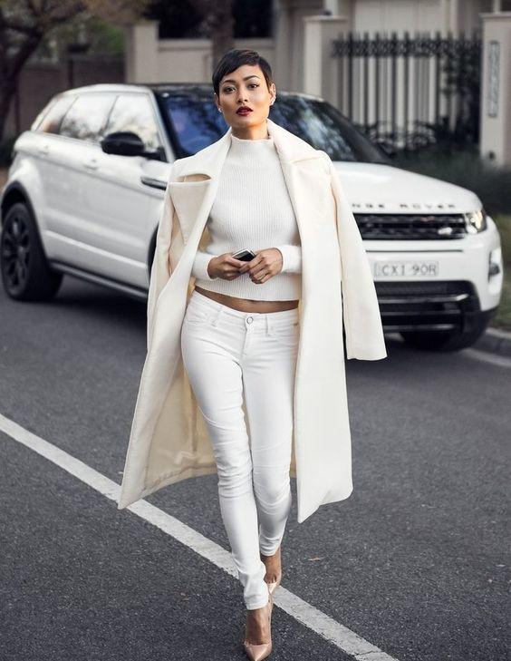 Monochromatic White Turtleneck and Wool Coat — Winter White Outfits